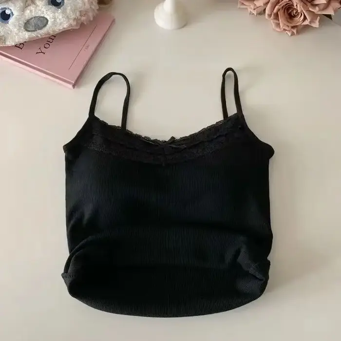 Femmes Camisole débardeurs Sexy nœud sans manches haut Corset avec coussin de poitrine doux dentelle Patchwork culture hauts été mince élégant Camis