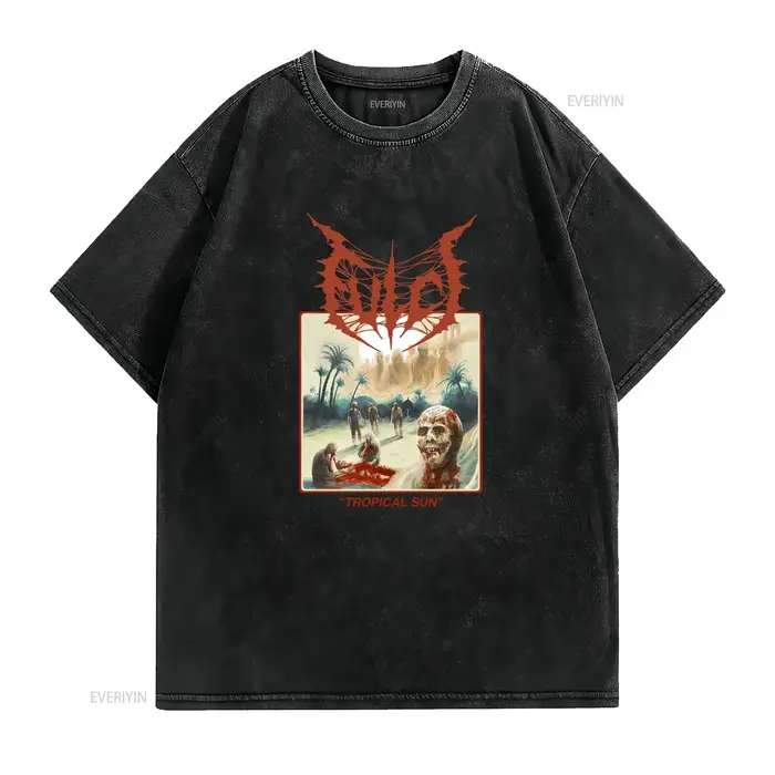 T-shirt unisexe Fulci blanc Tropical Sun couleur beige taille S à 3XL vintage lavé élégant vêtements graphiques stylés