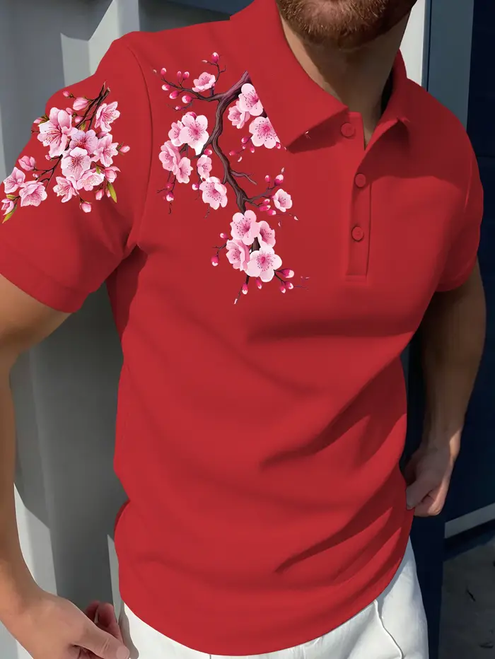 Polo imprimé pour homme, style japonais motif fleurs de cerisier Sakura, coupe ample, col à revers,
