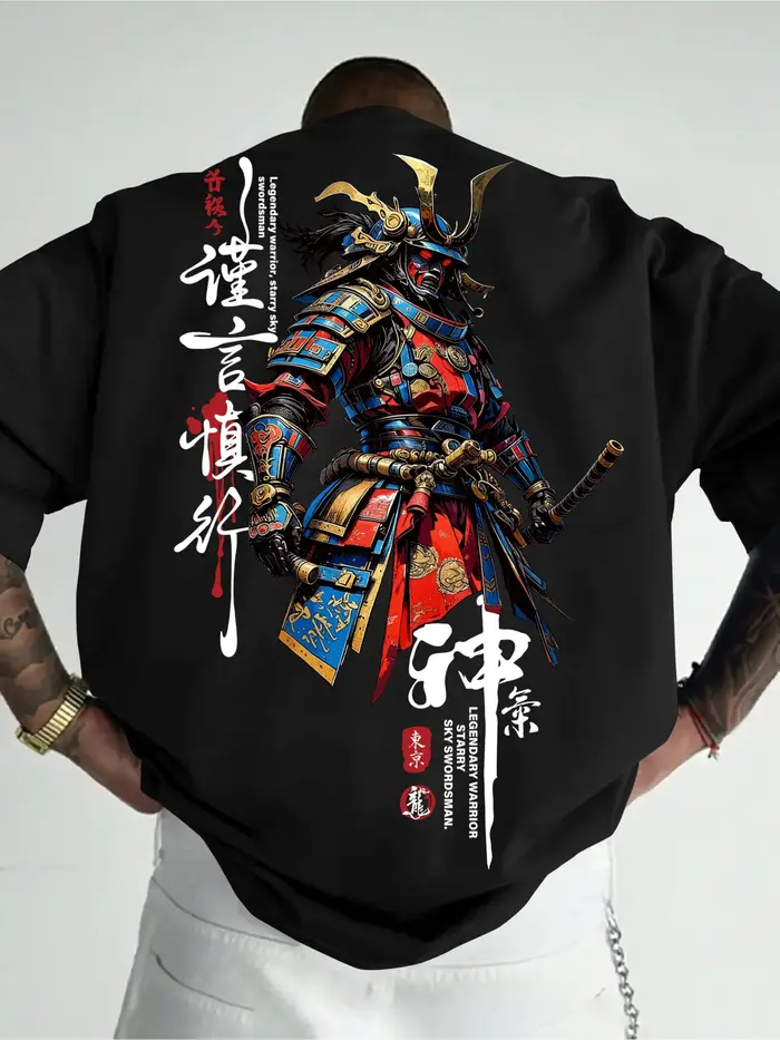 T-shirt pour homme en coton 100% doux de qualité supérieure avec imprimé de guerrier samouraï japonais