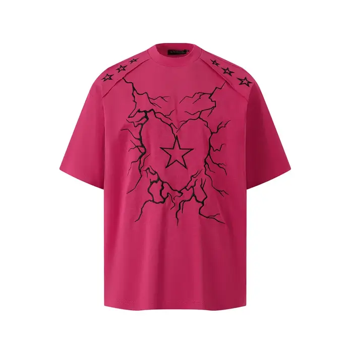 Lightning coeur broderie à manches courtes T-shirt hommes été haute rue col rond demi