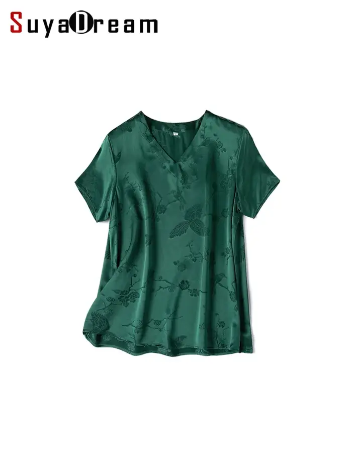 SuyaDream, T-shirt uni pour femme, 100% soie véritable, col en V, tissu jacquard, tee-shirt d'été ch