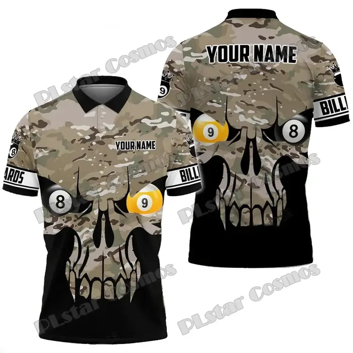 PLstar Cosmos billard camouflage crâne nom personnalisé 3D imprimé hommes Polo été unisexe décontracté