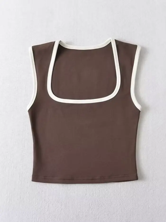 Débardeur sans manches pour femme, Slim, couleur contrastée, décontracté, col carré, haut court, vêt