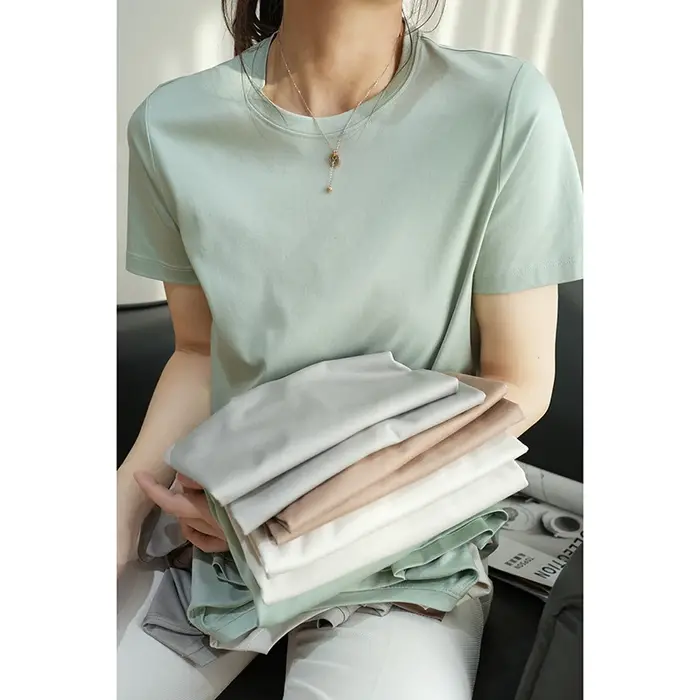 T-shirts d'été en coton mercerisé pour femmes, en soie, col rond, manches courtes, amples et droits,