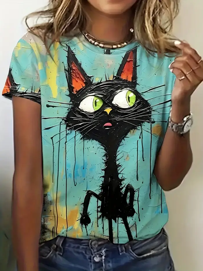 T-shirt femme Turquoise Pop Art Cat - Motif chat noir audacieux et effet goutte de peinture, design 