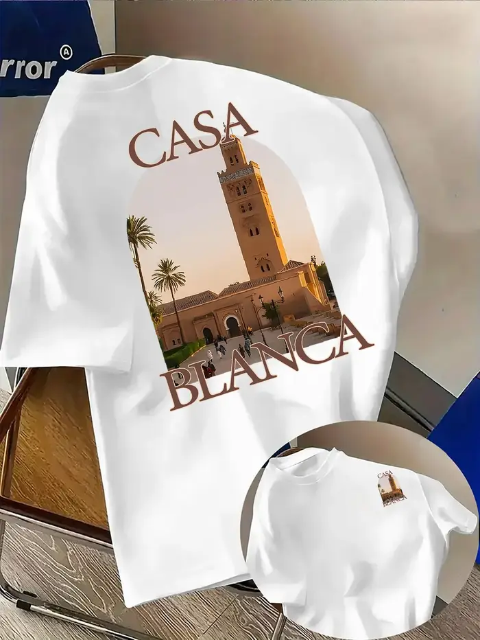 T-shirt pour homme en coton 100% avec impression photo de mosquée de ville marocaine, paysage au cou