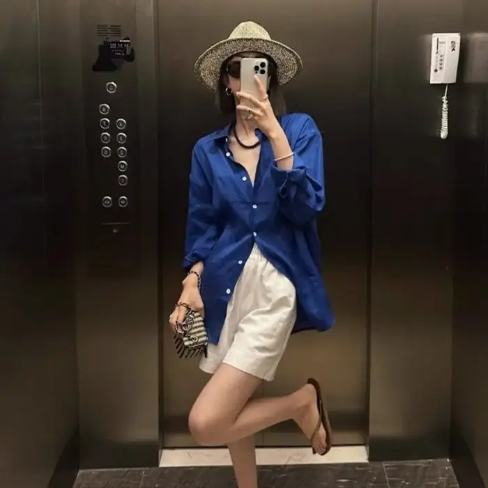 Chemise à manches longues en lin blanc pour femme