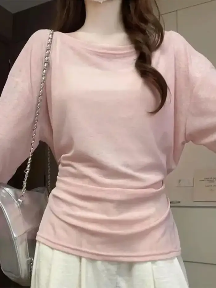 Voir à travers la manches longues surdimensionné t-shirt femmes Sexy dos pansement épaules nues haut femme basique longs