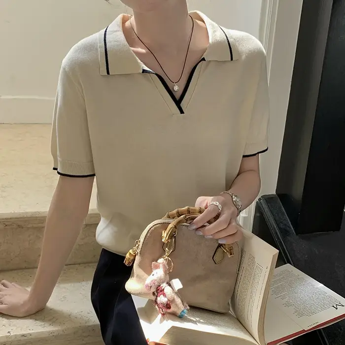 T-shirt à manches courtes tricoté en pur coton pour femmes