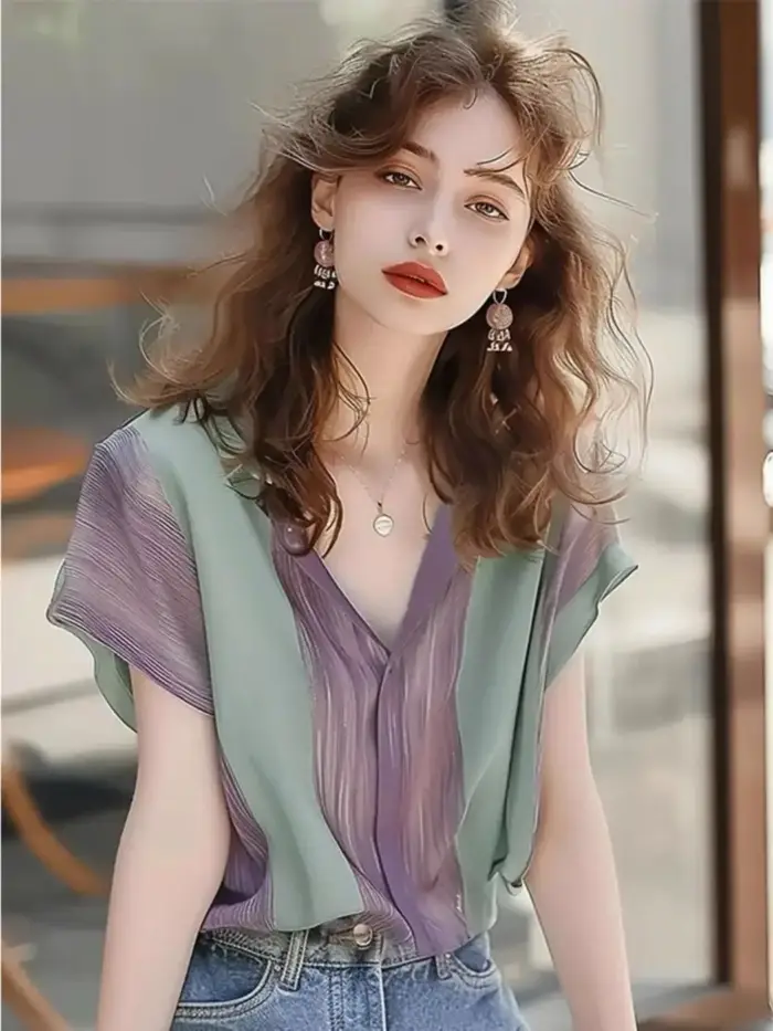 Chemise à manches courtes épissée à rayures violettes françaises