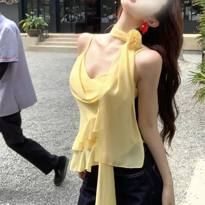 Hauts Camisole Chic pour Femme à Manches Volantes, Débardeurs Courts à Col Carré avec Volants Superposés, Ruban et Fleur 3D, Style Y2K Vintage Streetwear