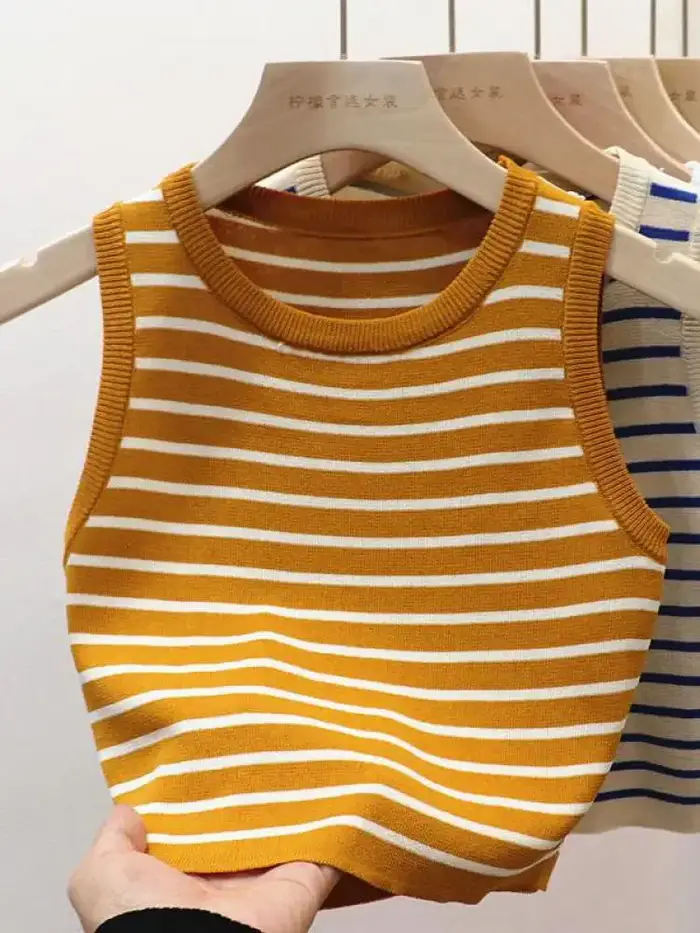 Nouveauté 2026 – Débardeurs rayés tricotés sans manches pour femme – T-shirts courts élastiques et ajustés – Gilets décontractés à col en V – Camisoles pull-over
