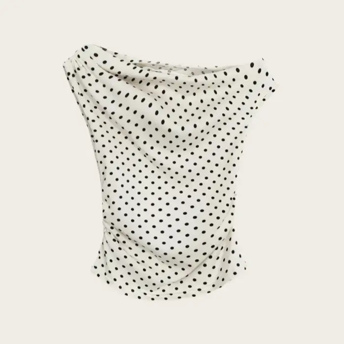 T-shirt d'été style coréen rétro ivoire noir à pois coupe ajustée à manches courtes et épaules dénudées