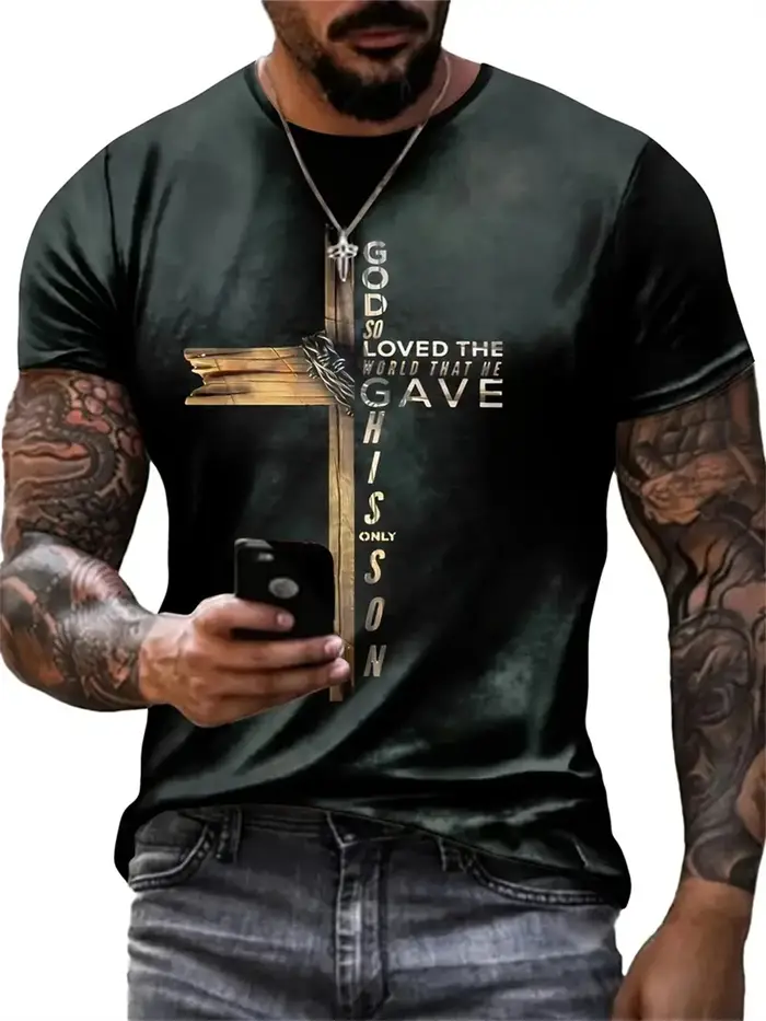 T-shirt à manches courtes imprimé 3D pour hommes, vêtements chrétiens, col rond, croix de Jésus-Chri