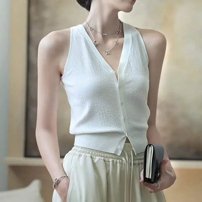 Pull gilet pour femmes doux tricoté bouton avant col en v sans manches Blouse femme décontracté français Chic tenue à la mode