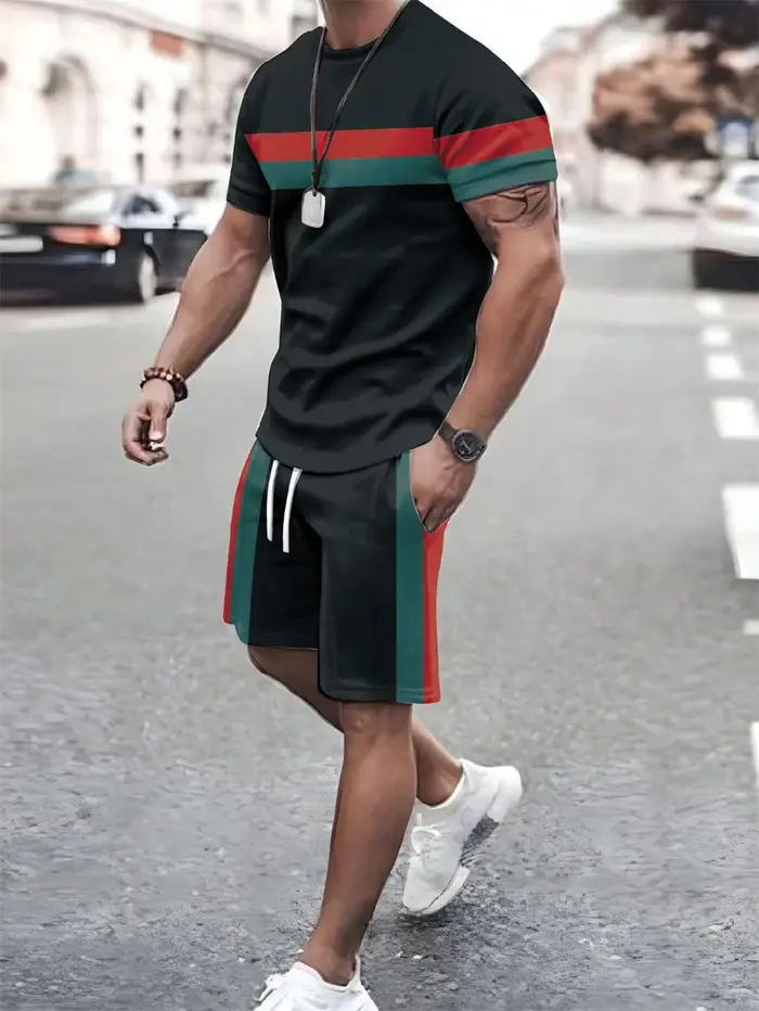 T-shirt décontracté ample à manches courtes pour hommes, ligne imprimée, simple, sport, épissage, te