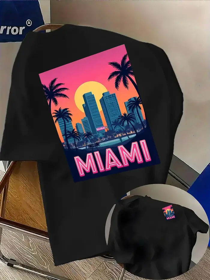 T-shirt pour homme en coton 100% doux de qualité supérieure avec impression du coucher de soleil de Miami