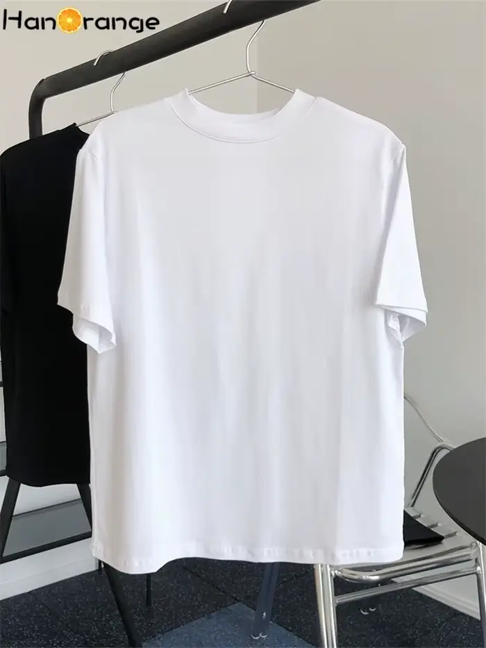 HanOrange-T-shirt à Manches Courtes et Col Rond pour Femme, Haut Vintage, Simple, Fin, Décontracté,