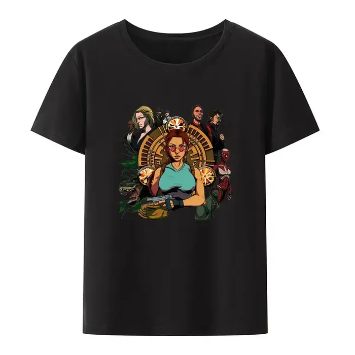 Tomb Raider Lara Croft noir blanc imprimé t-shirt hommes femmes à manches courtes col rond mode Streetwear créatif populaire Hipster chemise