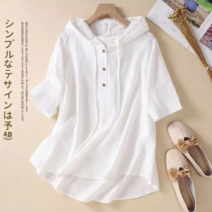 T-shirt à capuche en coton et lin pour femme, haut Jacquard, été