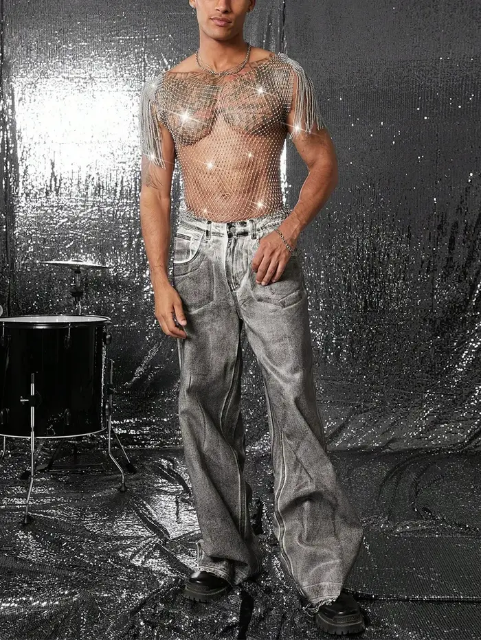 Débardeurs brillant strass résille évider haut hommes maille voir à travers gland T-Shirt homme fête Clubwear gilet Transparent
