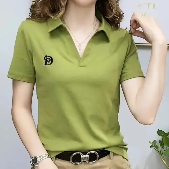 Polo t-shirt pour femmes à manches courtes nouvel été col en v lettre pull tricoté t-shirts femme vêtements grande taille dames hauts