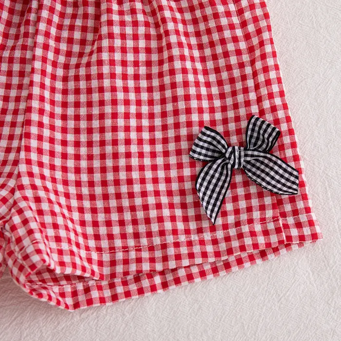 Ensemble de vêtements d'été pour enfants : Hauts sans manches froncés à carreaux rouges avec nœud et short ample pour bébé fille