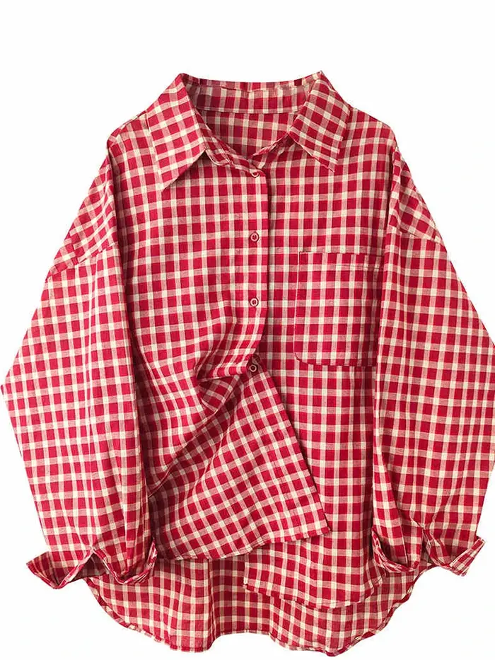 2025 Y2k automne femmes nouveau Vintage rouge Plaid col rabattu sur-chemise à manches longues Streetwear ample Patchwork