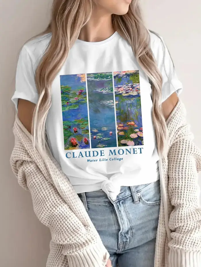 T-shirt d'art impressionniste français vintage, imprimé Claude Monet Nénuphars, esthétique Harajuku,
