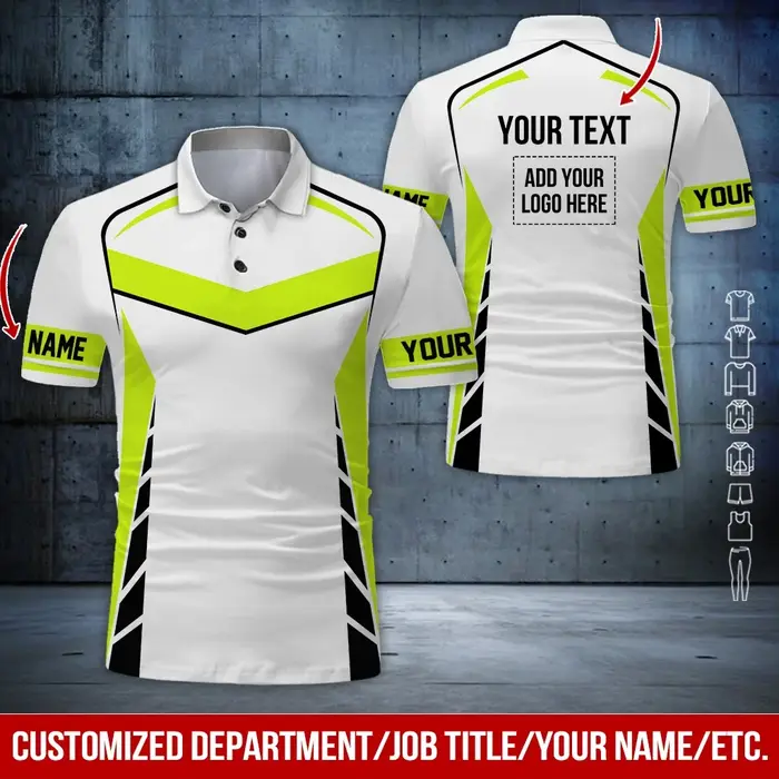 Polo personnalisé avec logo, nom et texte du département, imprimé, style sportif géométrique, vêteme