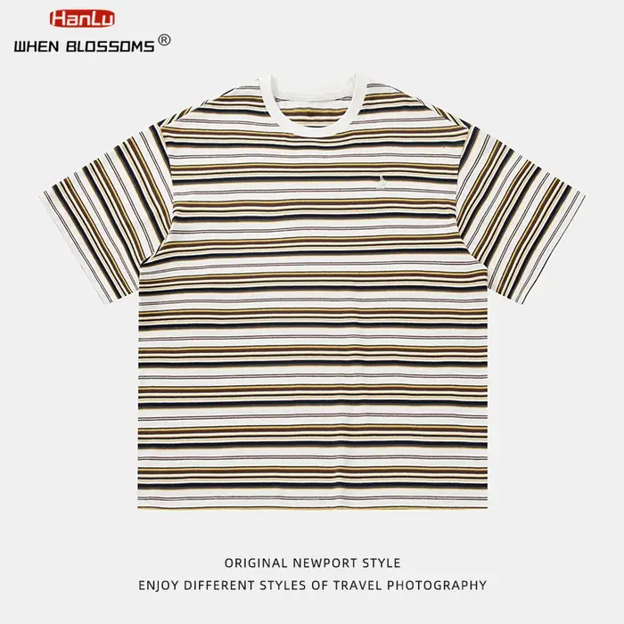 HANLU rétro contraste couleur rayure à manches courtes T-Shirt unisexe été nouveau Style broderie à la mode décontracté Couple t-shirts