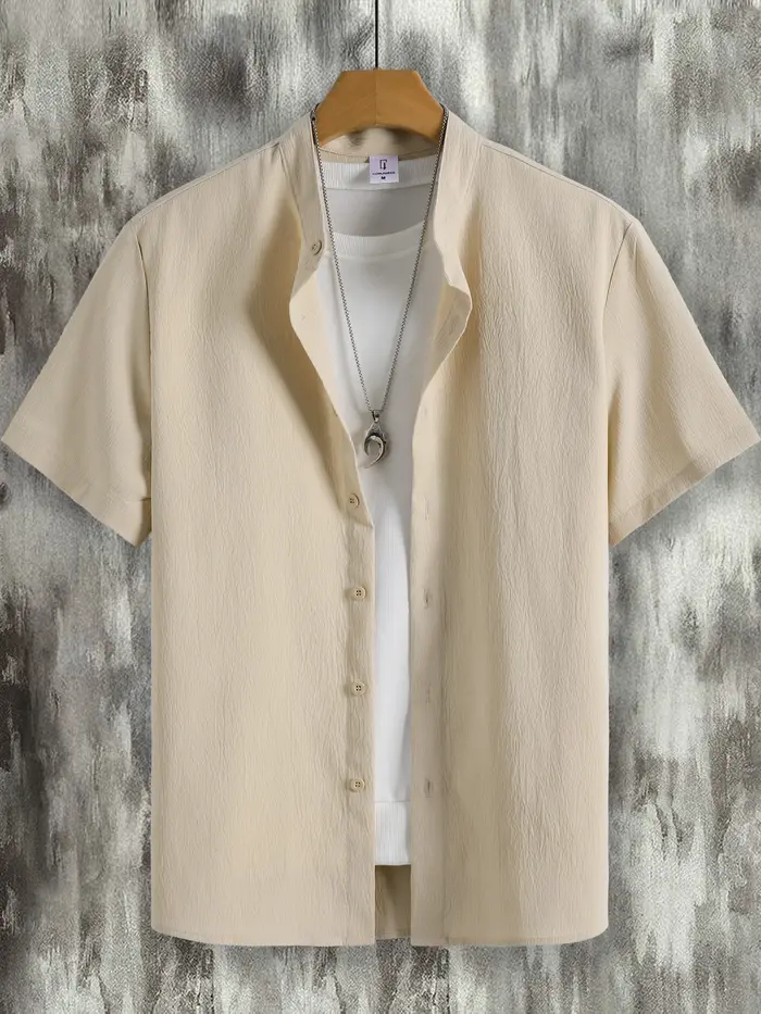 Chemise d'été décontractée et élégante pour homme, kaki texturée, à col montant et manches courtes, 