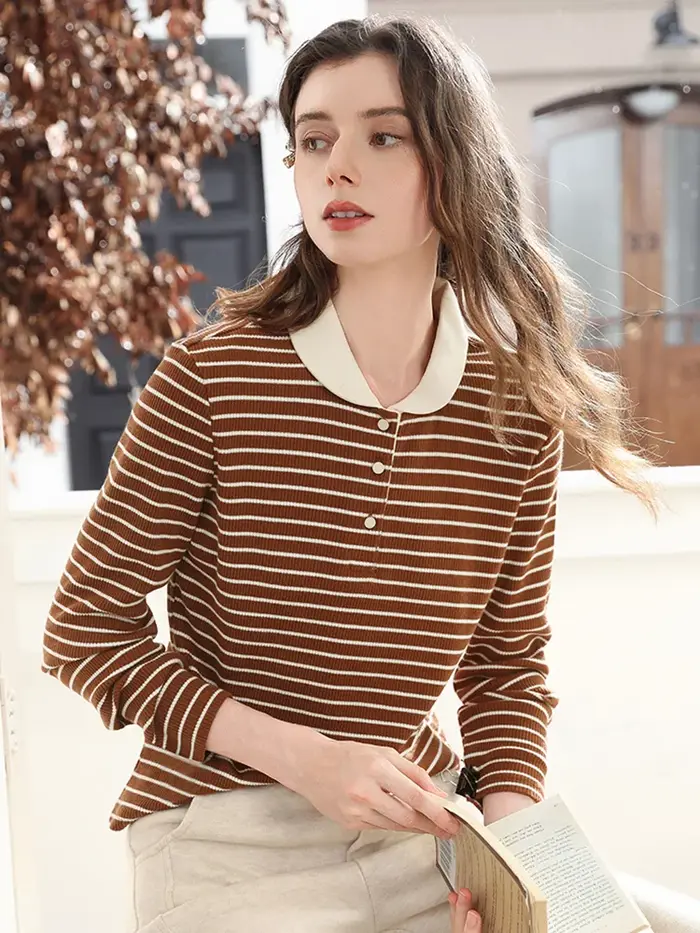 Je crois vous hauts à manches longues pour femme 2025 hiver rétro marron rayé col rabattu tricot T-shirt