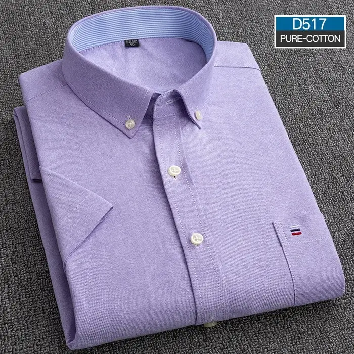 Chemises décontractées d'été pour hommes Oxford manches courtes col carré solide Plaid rayé poche unique chemise en coton confortable