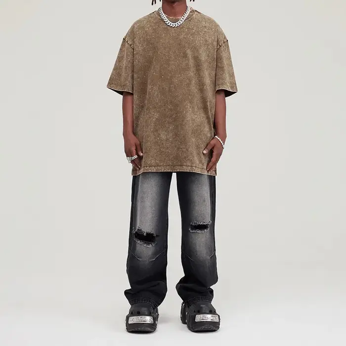 Streetwear lavé en détresse T-shirt pour hommes surdimensionné européen et américain épaules dénudées manches coton femmes t-shirts