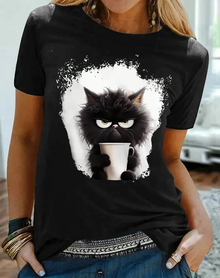 T-shirt femme t-shirt chat week-end quotidien noir imprimé manches courtes mode drôle col rond coupe régulière