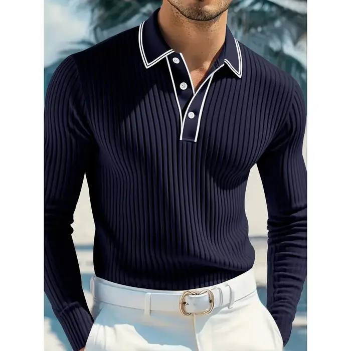 Nouveau Polo Tricoté à Manches Longues pour Homme