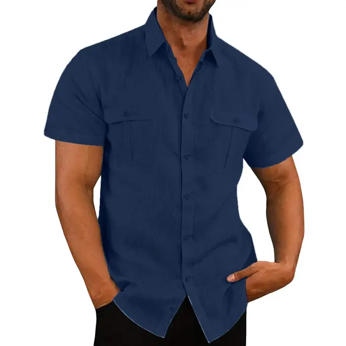 Chemise en lin à manches courtes pour homme - Style décontracté d'été avec deux poches et fermeture 