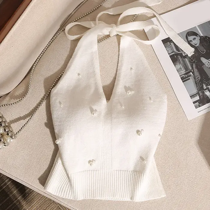 Hauts Halter pour femmes, Camisole à col Halter avec fausses perles perlées, Blouse en tricot doux e