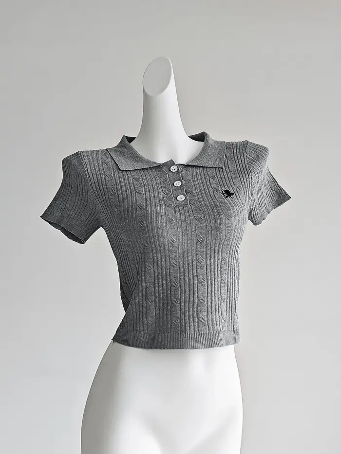 Polo en maille côtelée pour femme, manches courtes, col polo, broderie ange, crop top, style écolièr