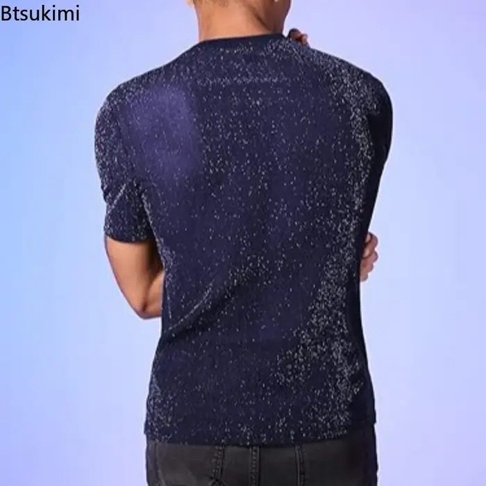 Hommes mode paillettes voir à travers T-Shirts été à manches courtes col rond décontracté hauts mâle Vintage brillant couleur unie mince T-shirt