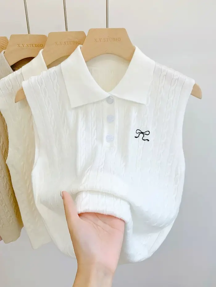 Débardeur décontracté sans manches brodé, col polo en maille, pour femme, collection été 2026, style