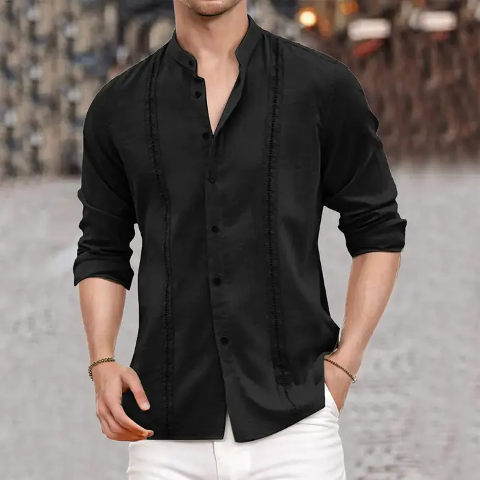 Chemises cubaines vintage pour hommes, mode printemps-automne, chemise guayabera unie à manches longues, chemise en coton et lin avec boutons brodés