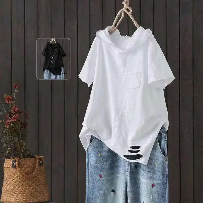 T-shirt à capuche pour femmes 2025 Original 95% coton été nouveau Style ample coton à manches courtes trou littéraire décontracté femmes vêtements
