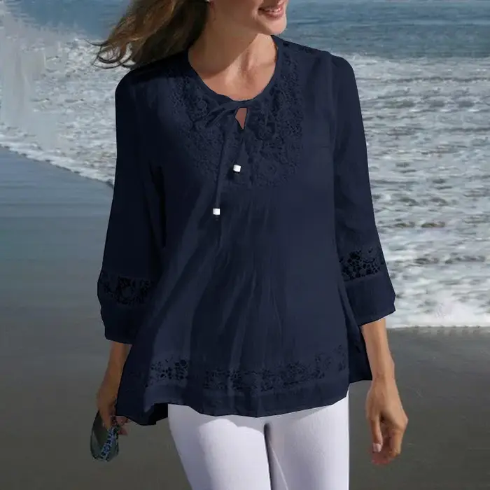 T-shirt à manches 3/4 en coton et lin pour femmes