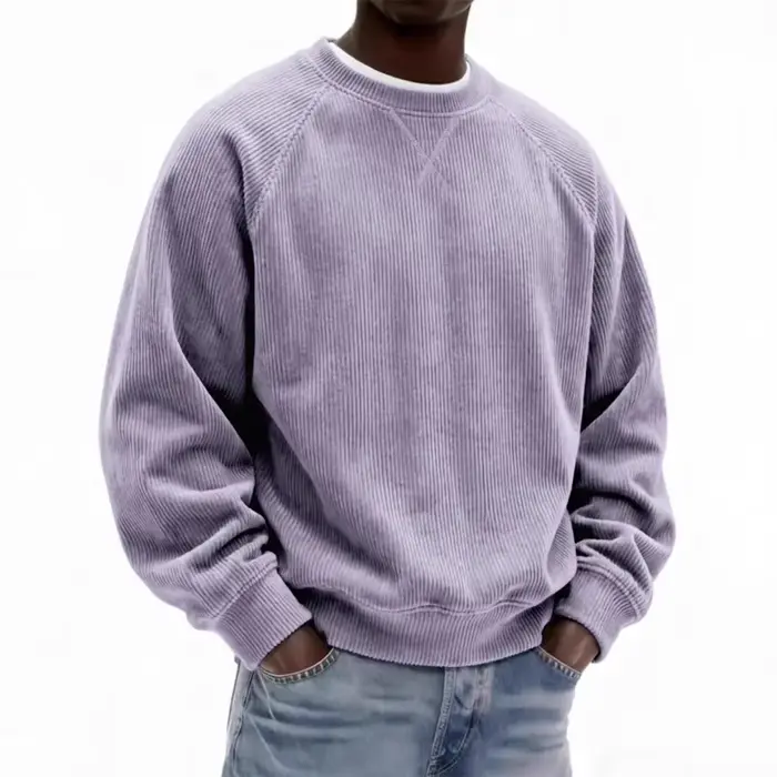 Sweat-shirt col rond en velours côtelé gris pour hommes