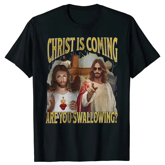Le Christ arrive vous rondelle drôle offensive jésus graphique T-shirts hommes t-shirt décontracté 100% coton ample