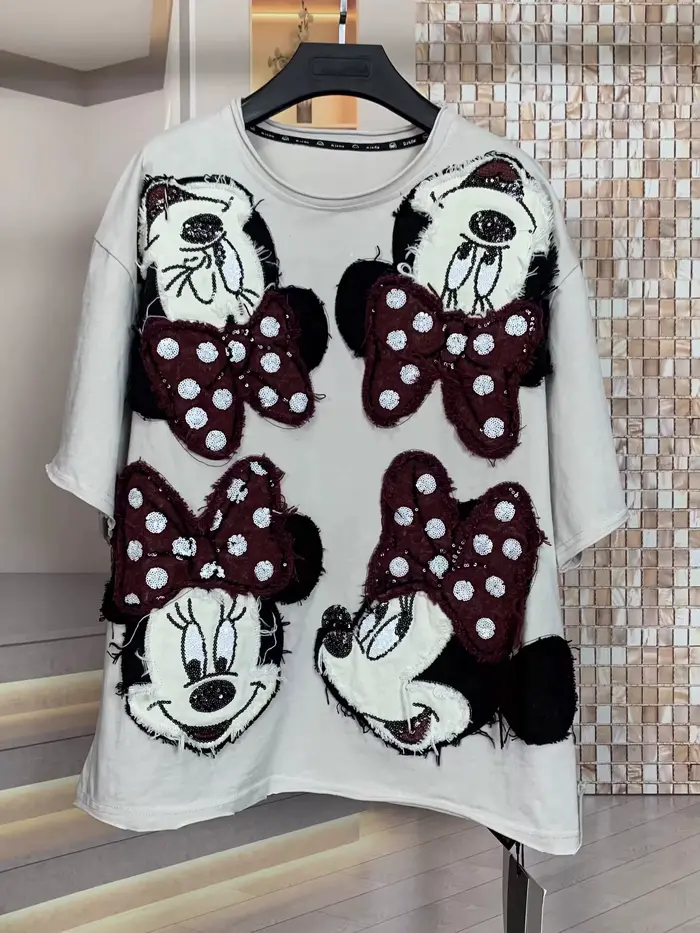 T-shirt ample à col rond imprimé de lettres et de dessins animés à paillettes