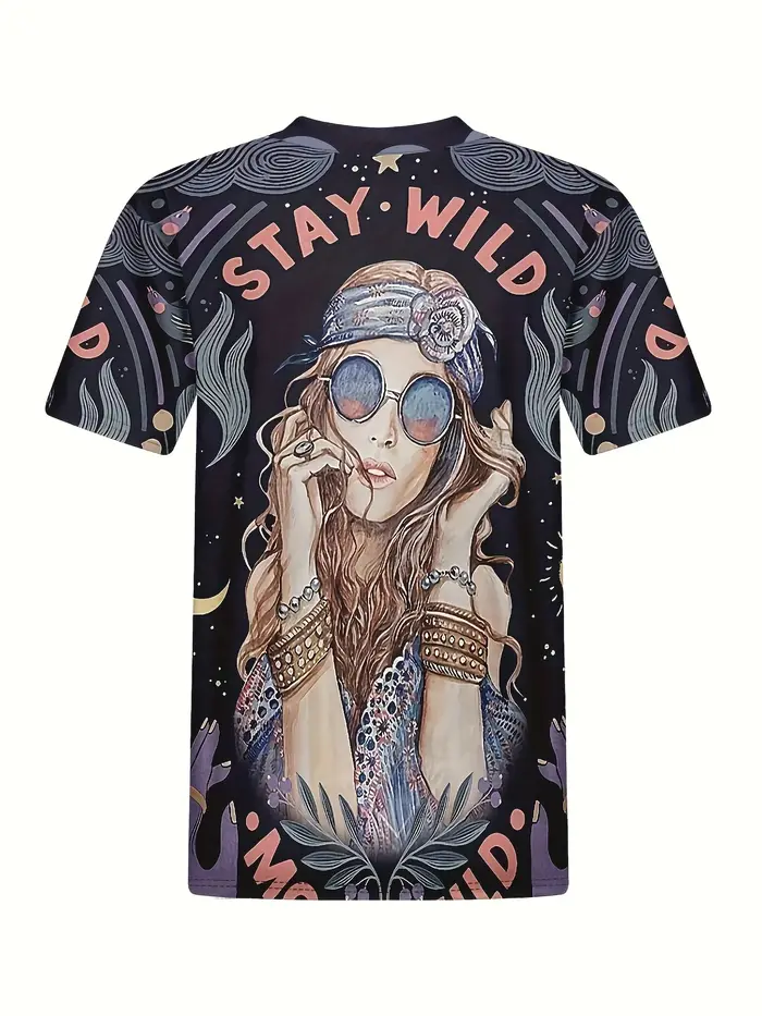 T-shirt noir bohème pour femme - Imprimé graphique fille hippie et étoile